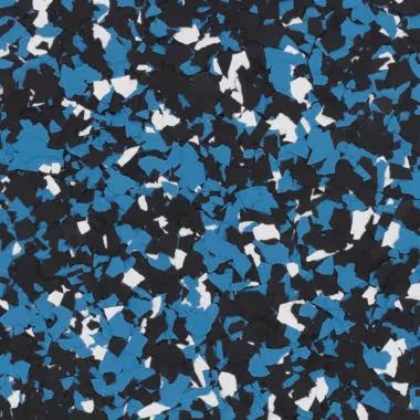 Blue, black, and white speckled flooring.