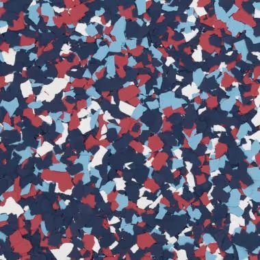 Blue, red, and white speckled flooring, with a dark blue base color.