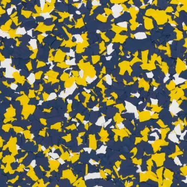 Blue, yellow, and white speckled floor covering.