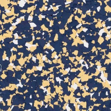 Blue, gold, and white speckled floor covering.