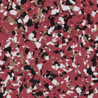Red, black, white, and tan speckled epoxy flooring.