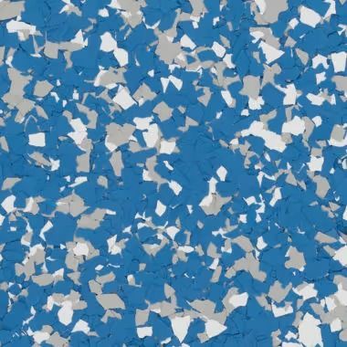 Blue, gray, and white speckled floor coating.
