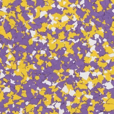 Purple, yellow, and white speckled epoxy flooring.