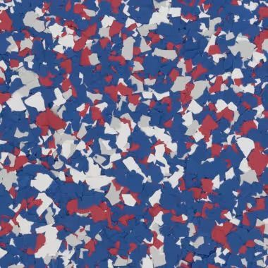 Speckled flooring pattern with blue, red, and white chips.