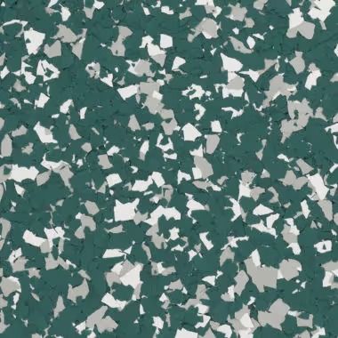 Green, white, and gray speckled flooring.
