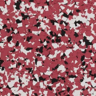 Red, black, and white speckled floor coating.