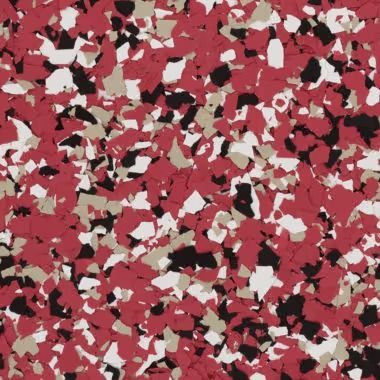 Red, black, white, and tan speckled flooring.