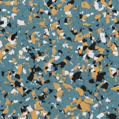 Floor covering with a speckled pattern in teal, white, black, and yellow.