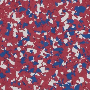 Red, white, and blue speckled flooring pattern.