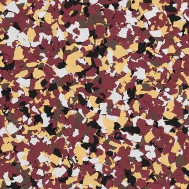 Multi-colored speckled floor with burgundy, tan, white, brown, and black chips.
