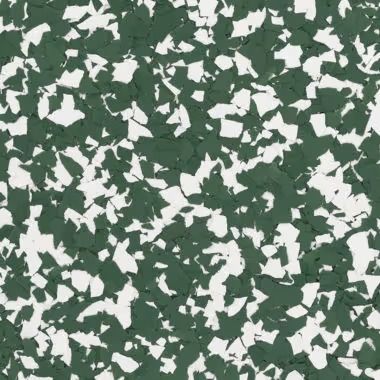 Green and white speckled floor covering.