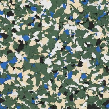 Chips of green, blue, black, white, and tan create a speckled floor pattern.