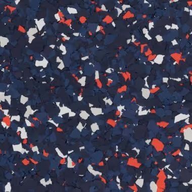 Blue, white, and red speckled flooring pattern.