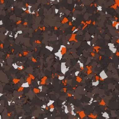 Floor coating with brown, orange, and white chips.