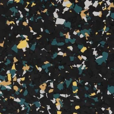 Black rubber flooring with teal, yellow, and white flecks.