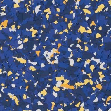 Blue, yellow, and white speckled floor pattern.
