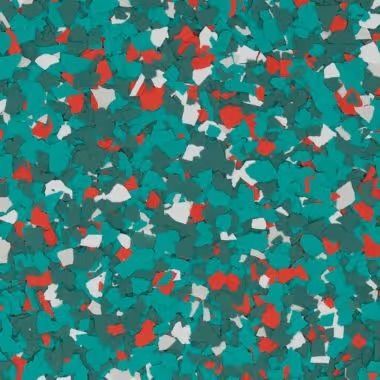 Green, white, and red speckled floor surface.