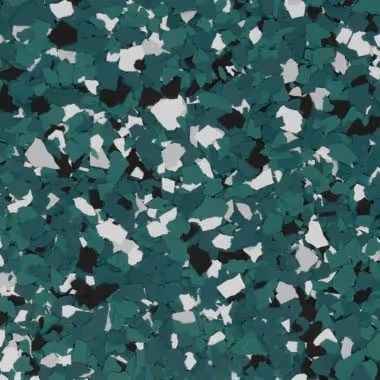 Floor coating with teal, black, and white flakes.