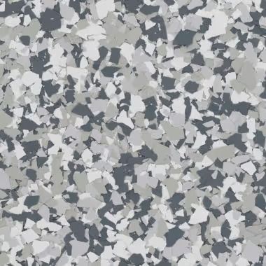 Grey, white, and light grey chips create a textured, speckled floor pattern.