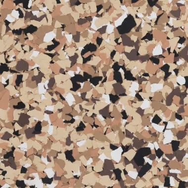 Floor coating with a speckled pattern of beige, brown, black, and white chips.