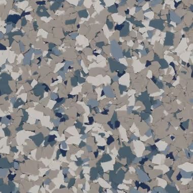 Floor with a speckled pattern in shades of blue, gray, and white.