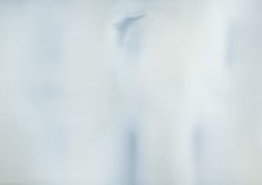 Abstract, blurred painting with vertical streaks of white, pale blue, and light gray.