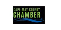 Logo for the Cape May County Chamber of Commerce with green text and a blue wave graphic on a black background.