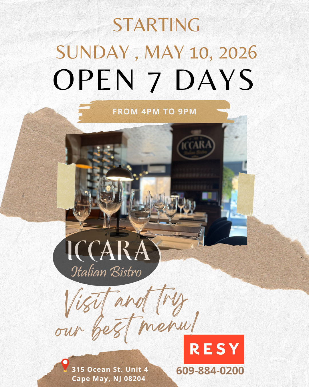 Open 7 Days restaurant flyer for Iccara, with dining room photo and “Visit and try our new menu!”