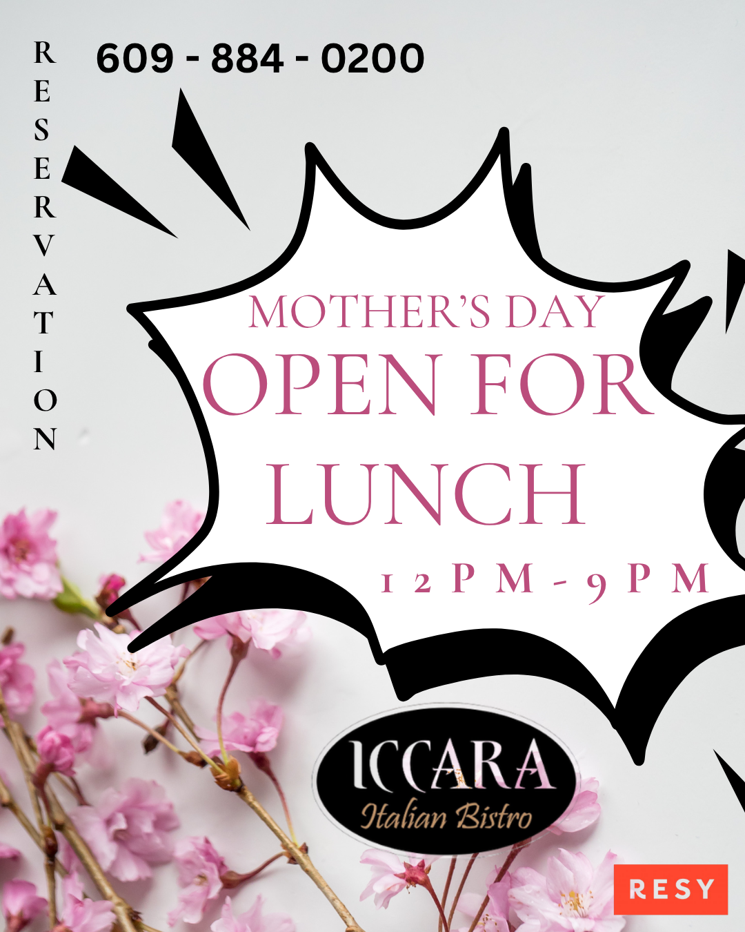 Mother’s Day lunch promo for Iccara Salon Bistro, 12 PM–9 PM, with pink blossoms and reservation number