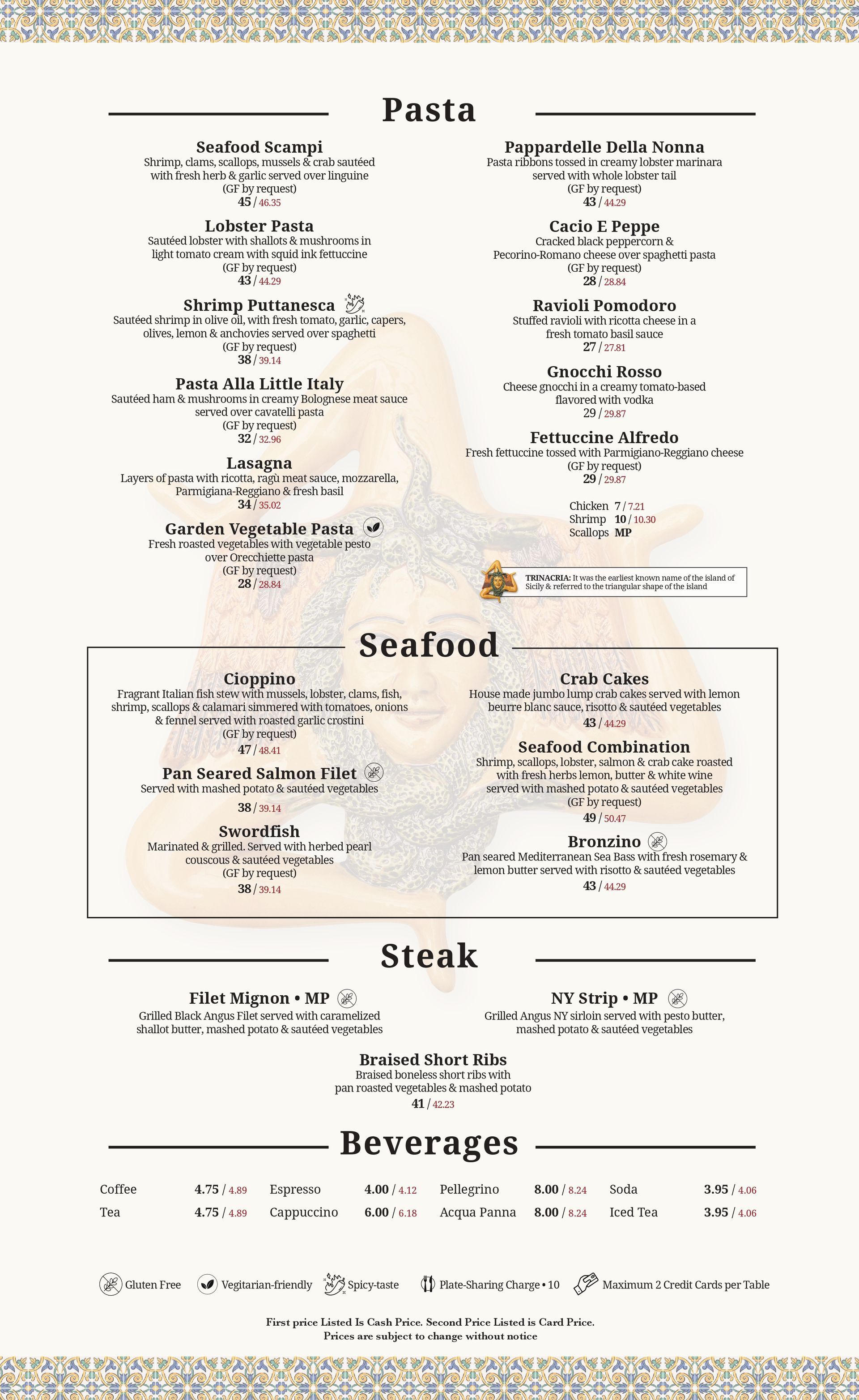A restaurant menu organized by sections: Pasta, Seafood, Steak, and Beverages, printed on a textured background.