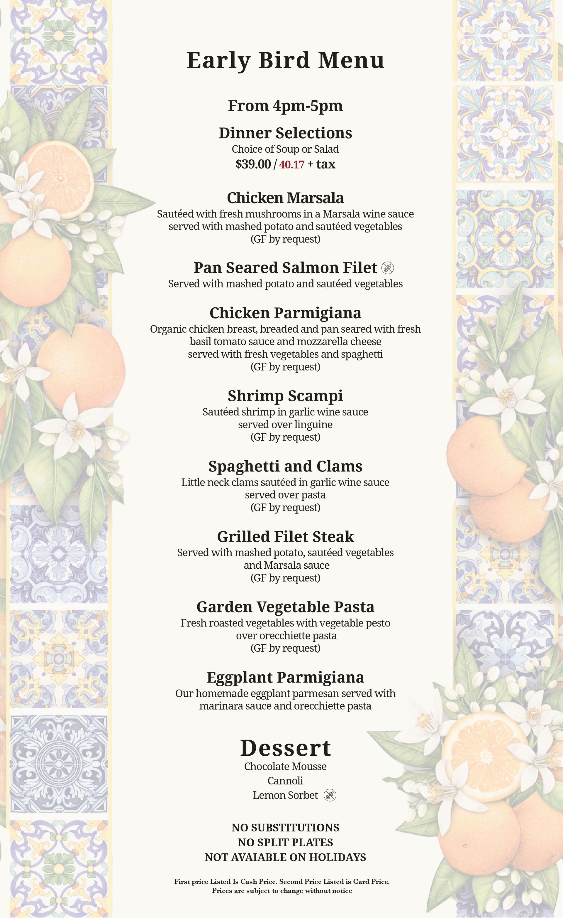 An Early Bird menu with floral, orange, and blue-tiled borders listing various dinner, dessert, and beverage selections.