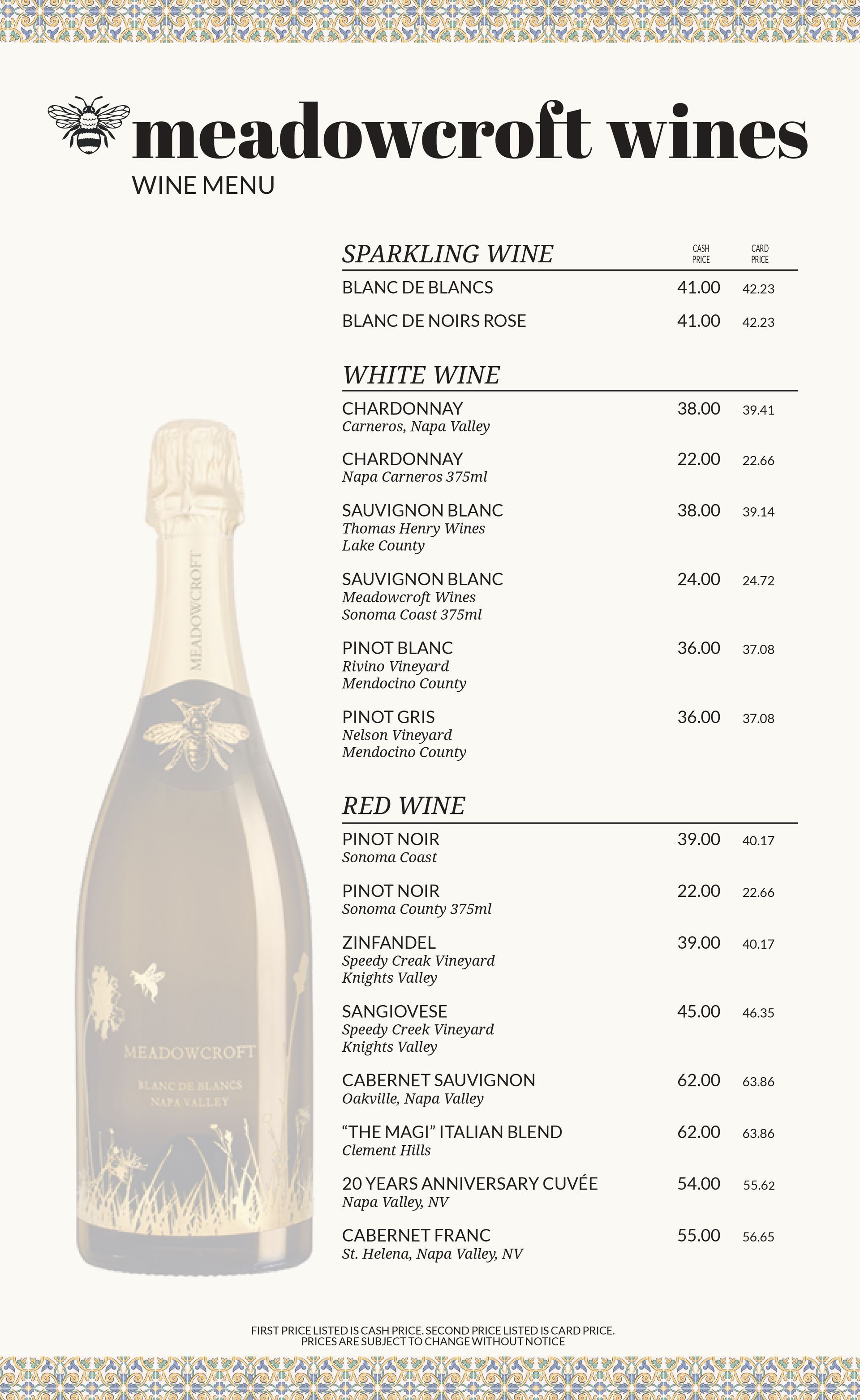 A Meadowcroft Wines menu featuring a bottle of sparkling wine on the left and a list of prices for white and red wines.