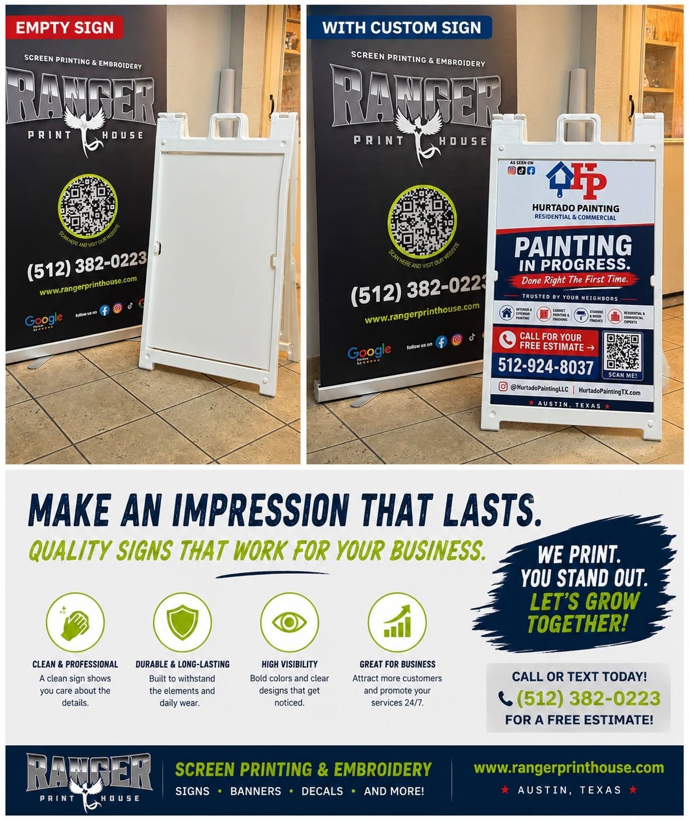 Ad signboard comparing empty and custom sandwich board displays in a paint shop promotion in blue and white.