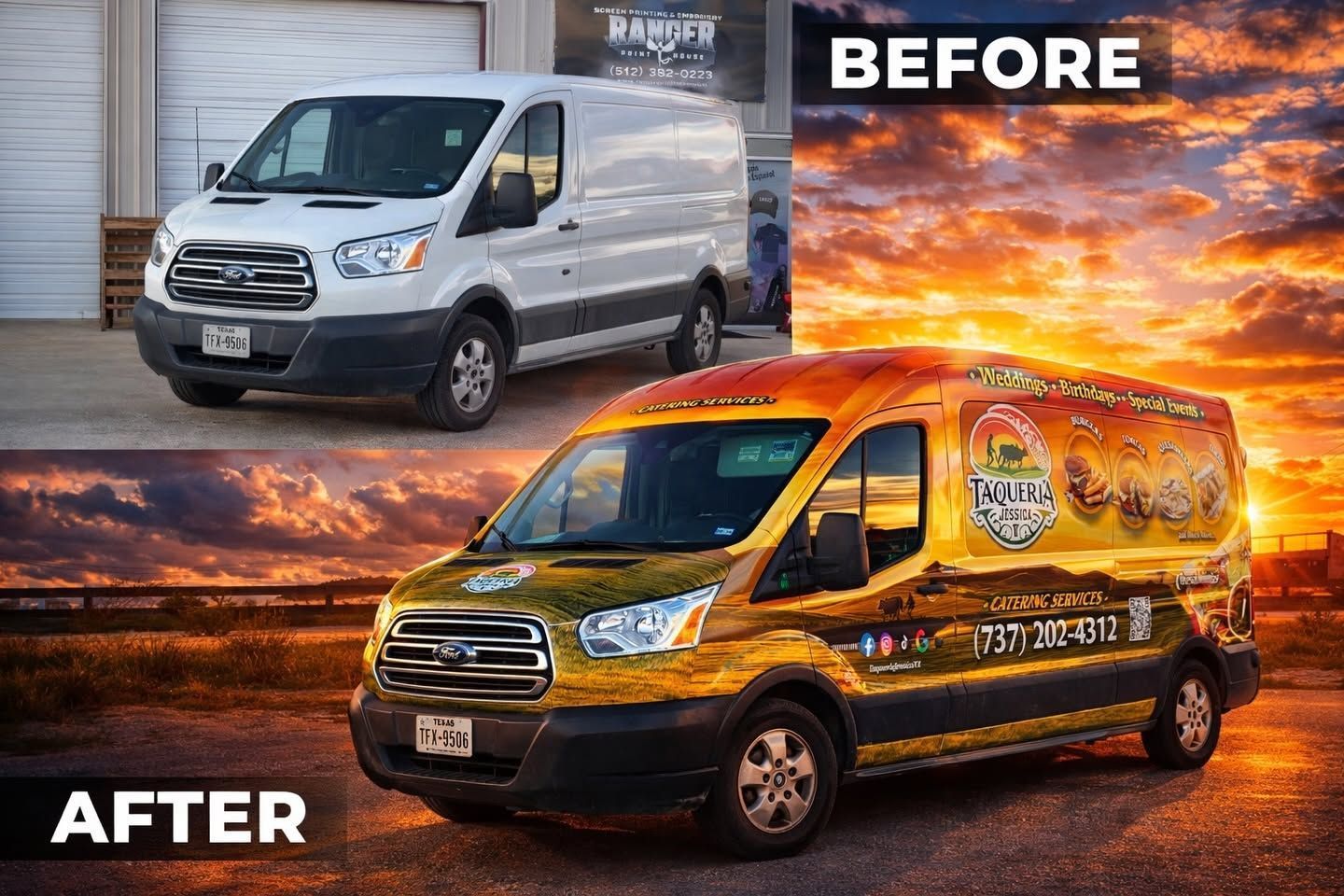 Before-and-after view of a white cargo van turned into a gold-orange branded van on a sunset road backdrop.