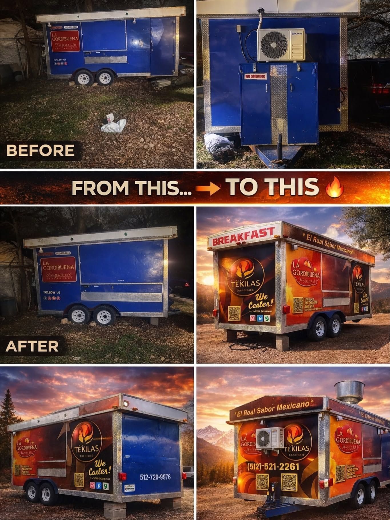 Before-and-after photos of a blue food trailer transformed into a colorful taco truck with orange flame graphics.