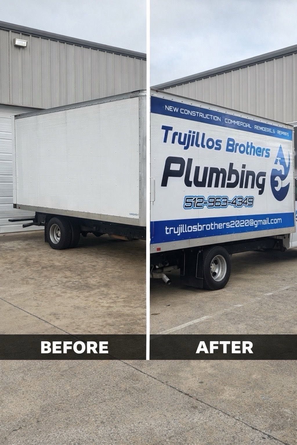 Before-and-after of a white plumbing truck with blue logo decals parked outside a warehouse.