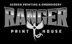 RANGER Print House logo with metallic text, white eagle, and “screen printing & embroidery” on black background