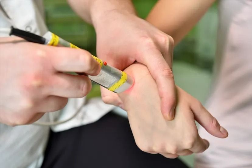 A practitioner uses a handheld laser therapy device on a patient's wrist.