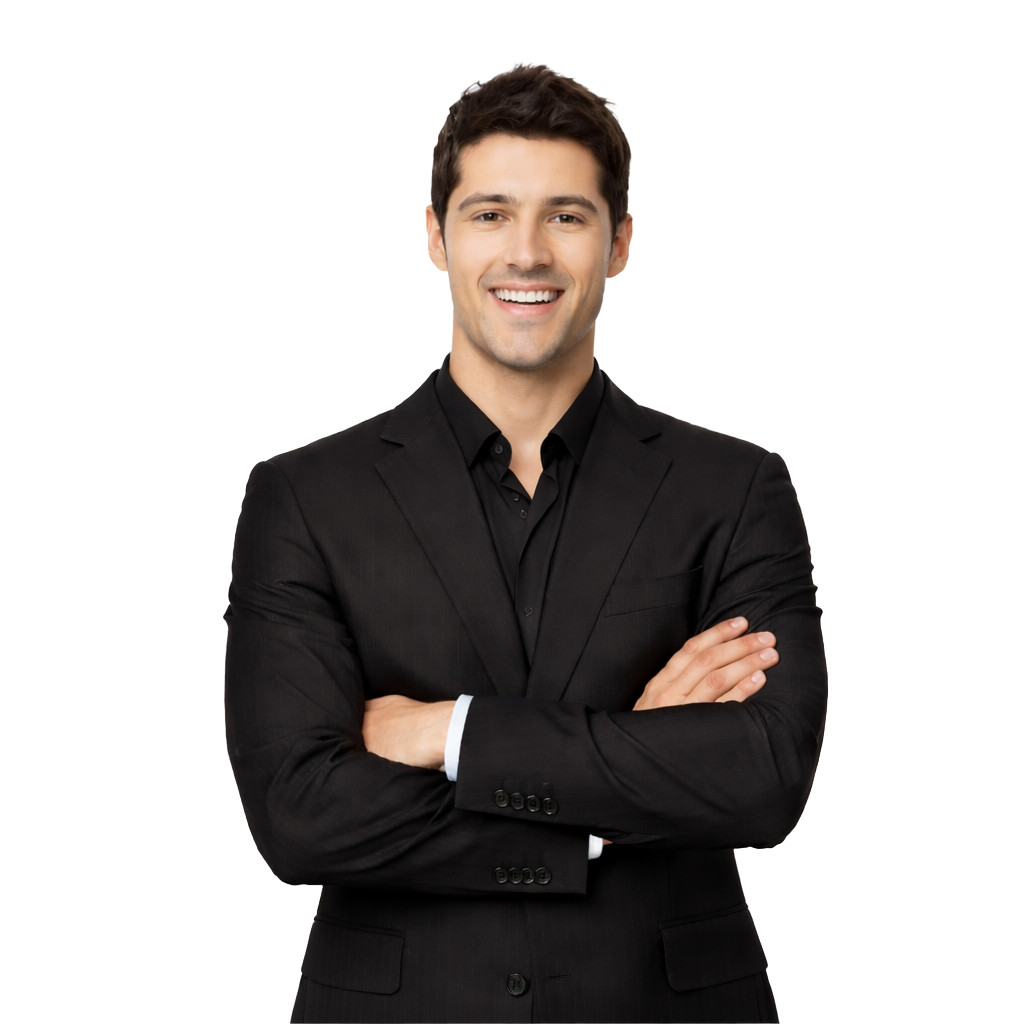 Professional chauffeur from Rockford Limo Company in Rockford, Illinois, dressed in a formal black suit for luxury transportation services.