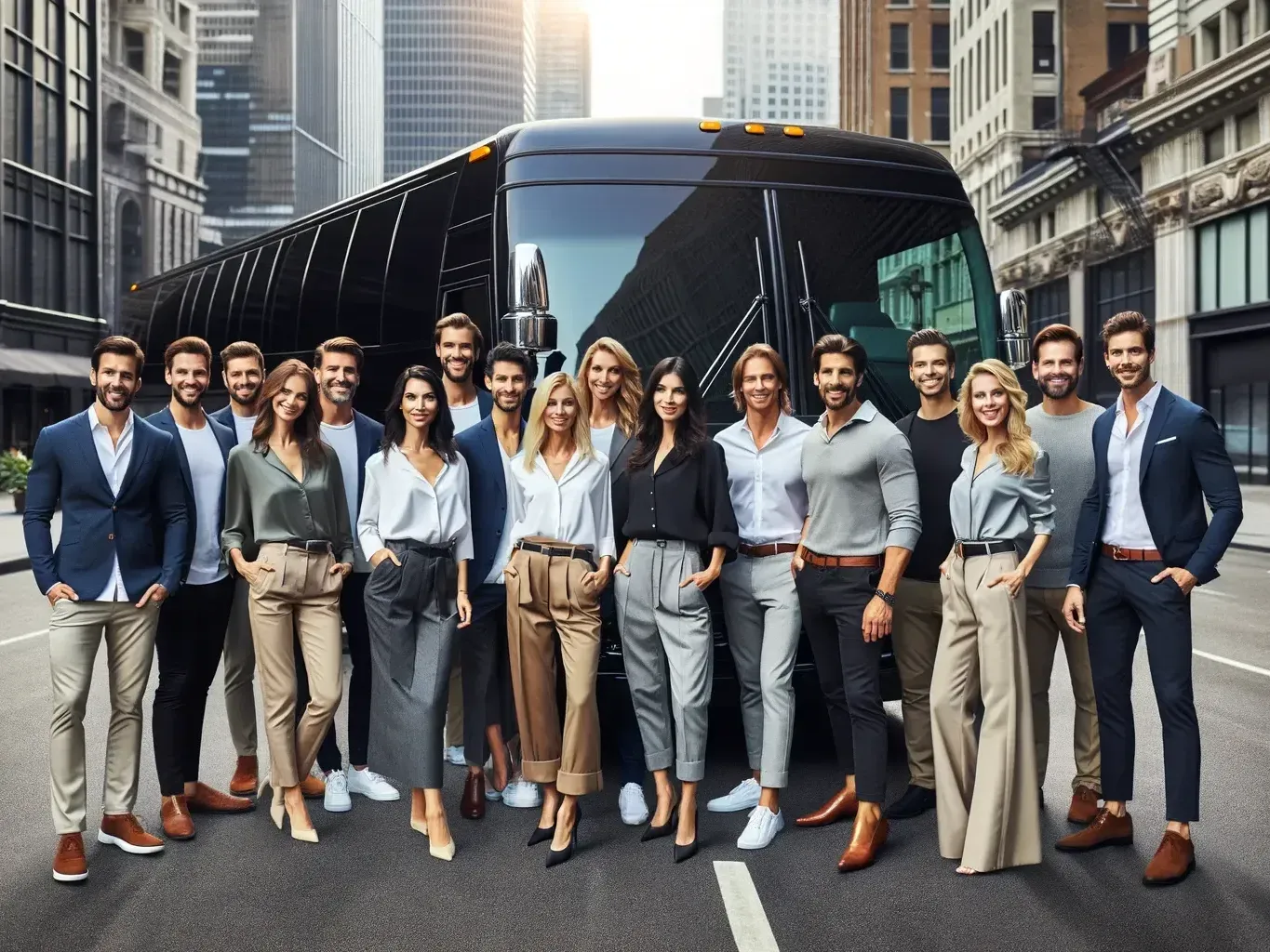 A group of professionally dressed individuals stands confidently in front of a sleek black party bus on a city street, likely in Chicago, Illinois. They exhibit a mix of stylish business and smart casual attire, ready for an event. The image suggests the group is using Rockford Rides Limo service for comfortable and stylish group transportation, enhancing their city experience with the convenience and luxury of a party bus.