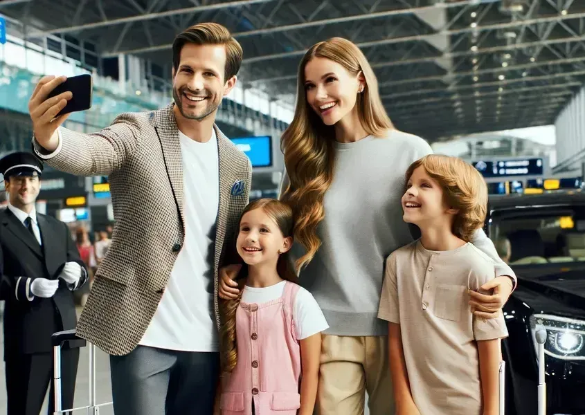A smiling family of four is taking a selfie at an airport terminal, with a limousine and a chauffeur in the background. They're casually dressed for travel, standing next to their luggage, ready to depart. This scene suggests they might be using a limousine service, such as Rockford Rides, for comfortable transportation to Chicago O'Hare Airport.