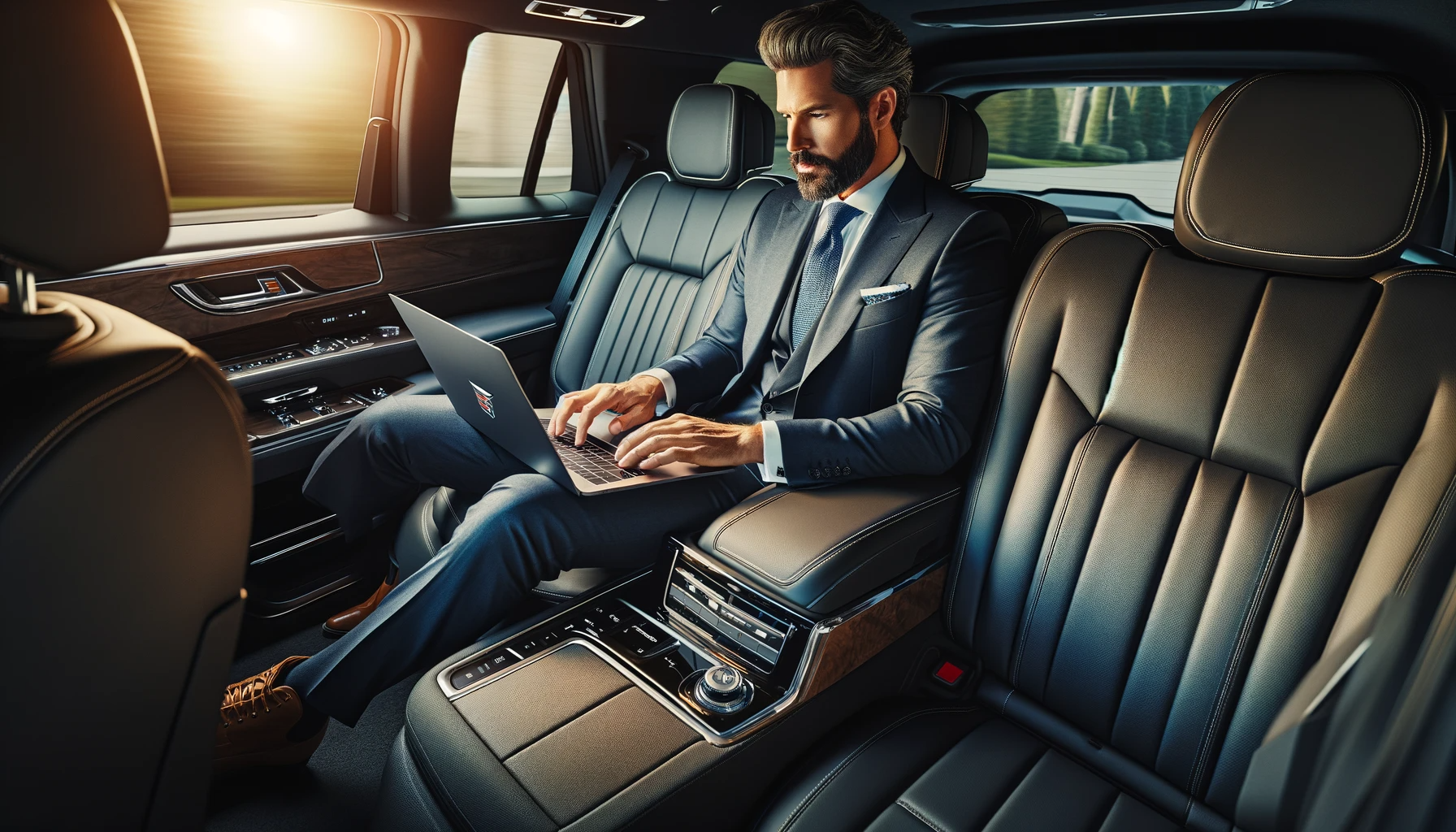 Business professional in a suit is working on a laptop inside the backseat of  Rockford Rides Limo