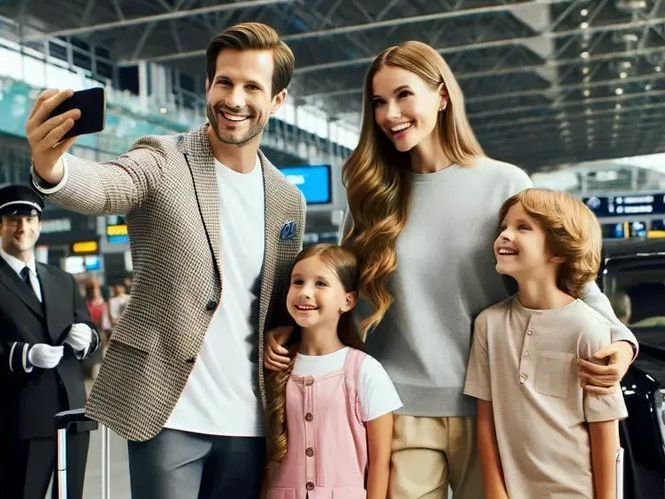 A family is taking a selfie at the airport.