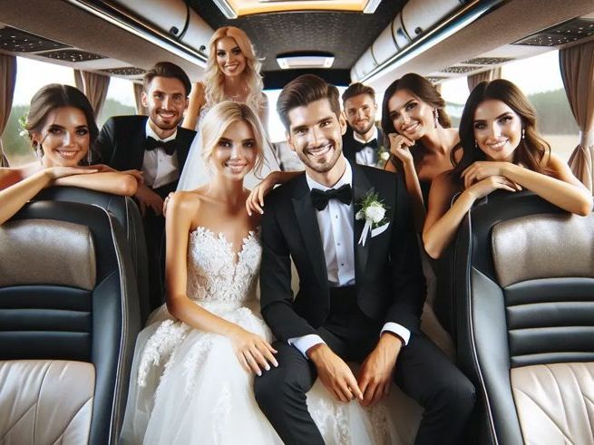 A bride and groom are sitting on a bus with their wedding party.