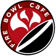 Logo for Fire Bowl Cafe: red circle with white text, flame-like shapes, and a coffee bean outline.