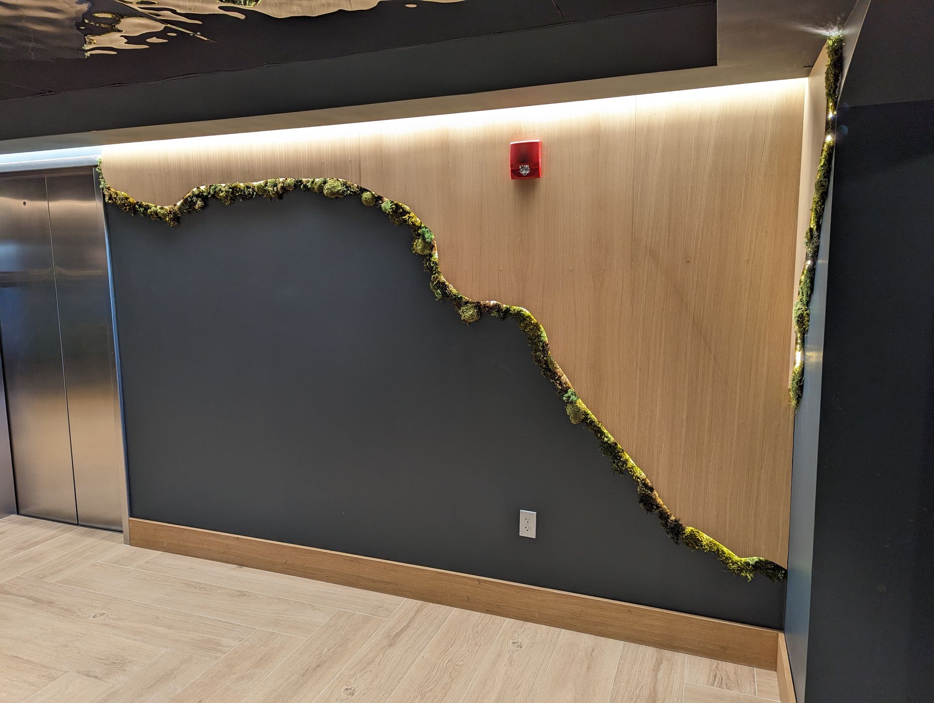 A hallway with a fire alarm on the wall