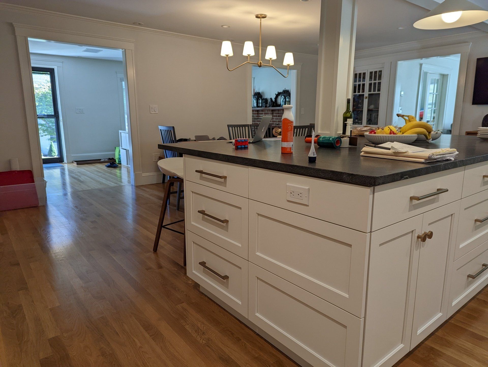 There is a large island in the middle of the kitchen.