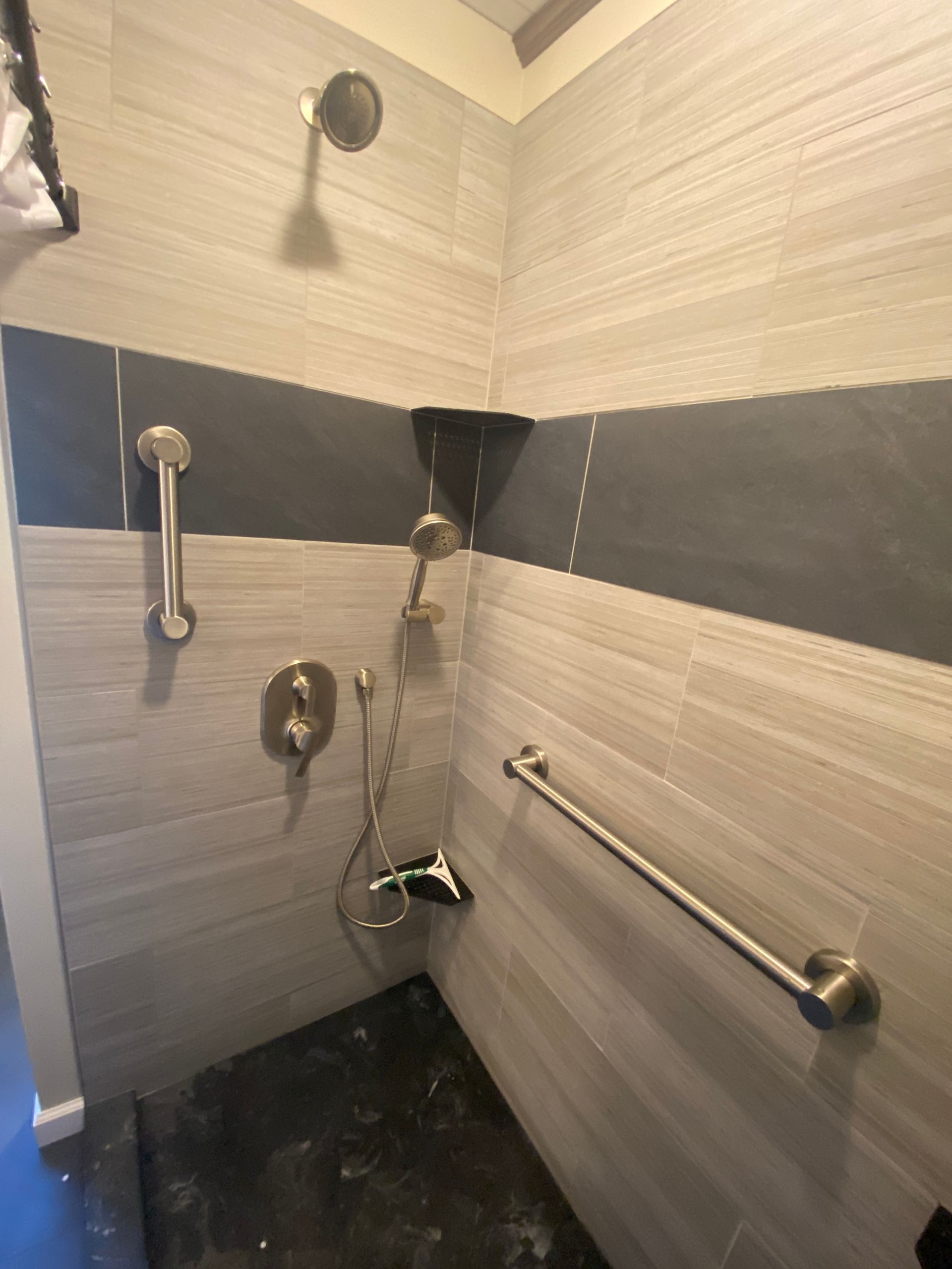 A bathroom with a walk in shower and a hand rail