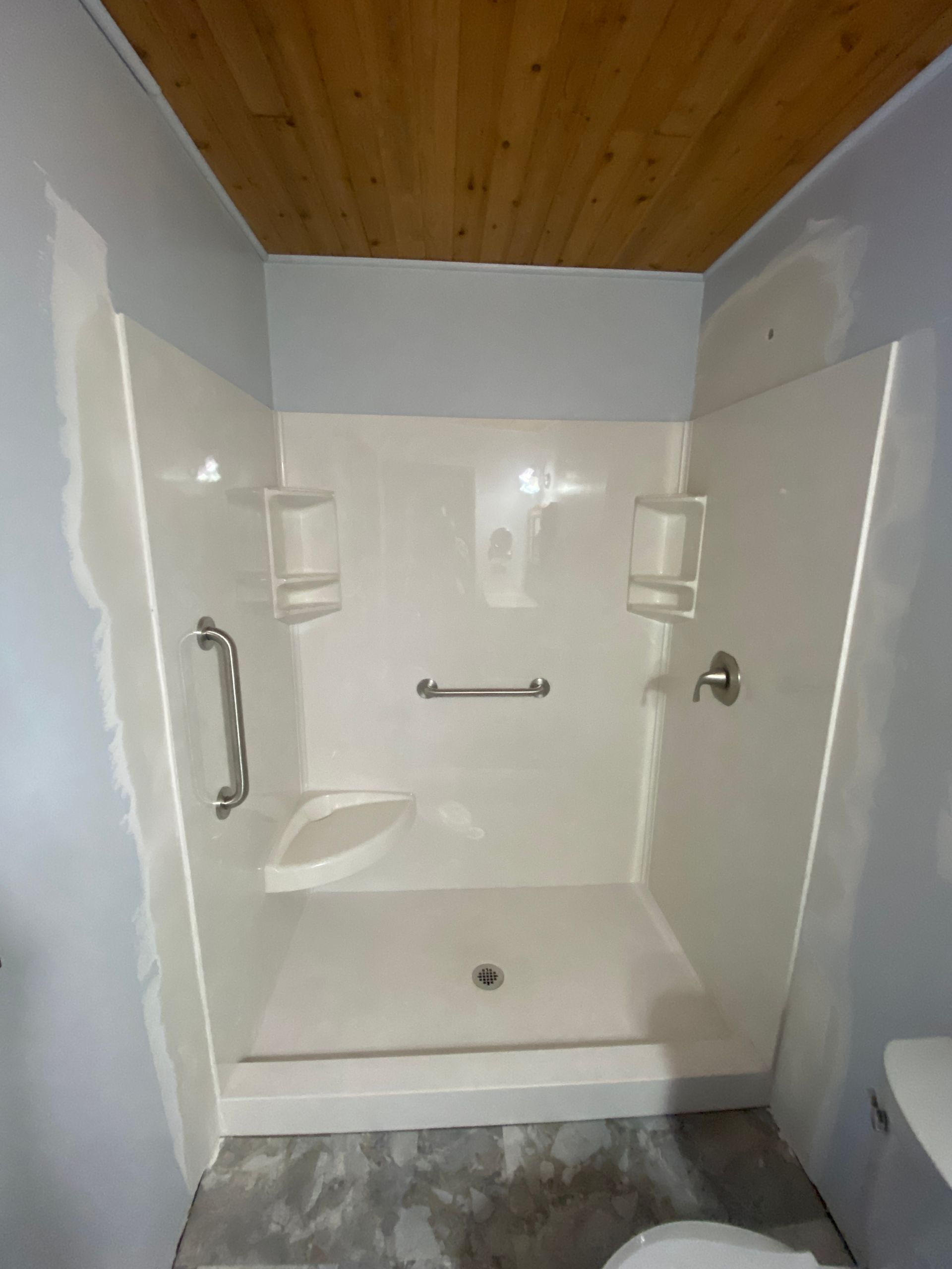 A bathroom with a walk in shower and a toilet.