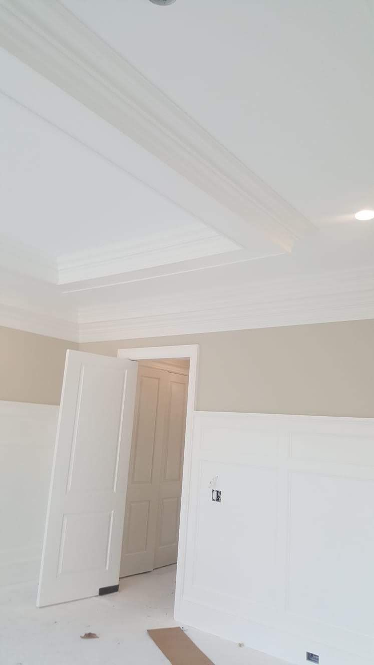 A room with white walls, a door, and a ceiling.